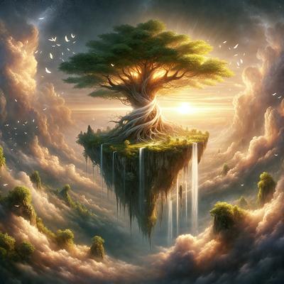 The primary subject of the image is a tree with a large trunk, surrounded by a lush green forest. The tree is situated on a small island, which is part of a larger island. The setting is a beautiful, serene environment with a sunny sky. The visual style of the image is digital art, creating a vibrant and colorful scene. The dominant colors are green, blue, and yellow, giving the image a lively and cheerful atmosphere.